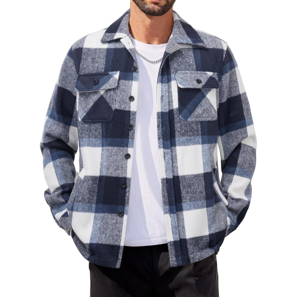 imageCOOFANDY Mens Flannel Jacket Fleece Shacket Plaid Shirt Jackets Warm Thick Long Sleeve Button Down Fall OutwearNavy Block