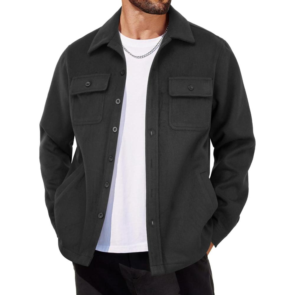 imageCOOFANDY Mens Flannel Jacket Fleece Shacket Plaid Shirt Jackets Warm Thick Long Sleeve Button Down Fall OutwearPure Black