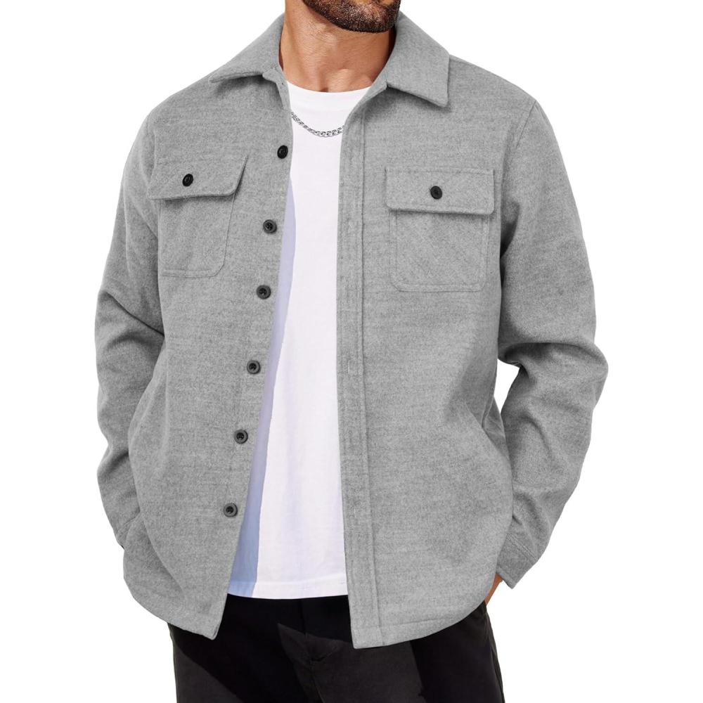 imageCOOFANDY Mens Flannel Jacket Fleece Shacket Plaid Shirt Jackets Warm Thick Long Sleeve Button Down Fall OutwearPure Grey