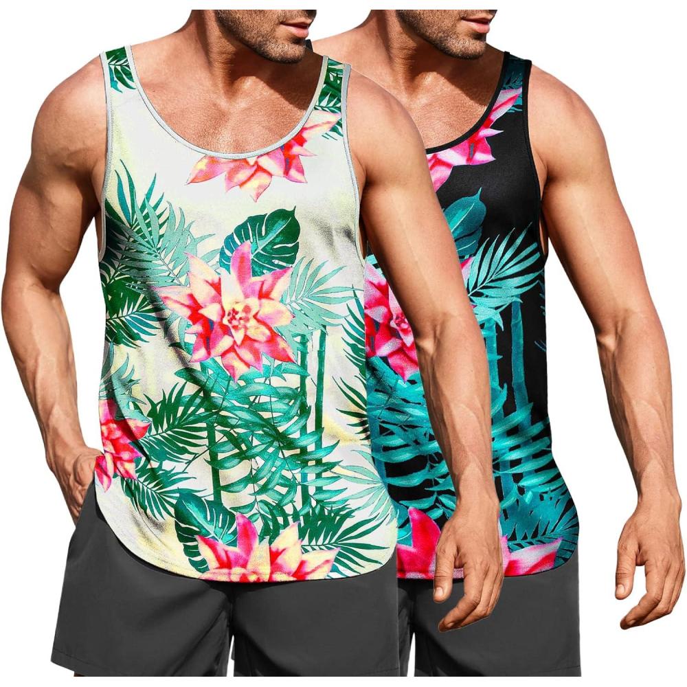 imageCOOFANDY Mens Floral Tank Top Sleeveless Tees All Over Print Casual Sport TShirts Hawaii Beach Vacation2 PackblackBeige