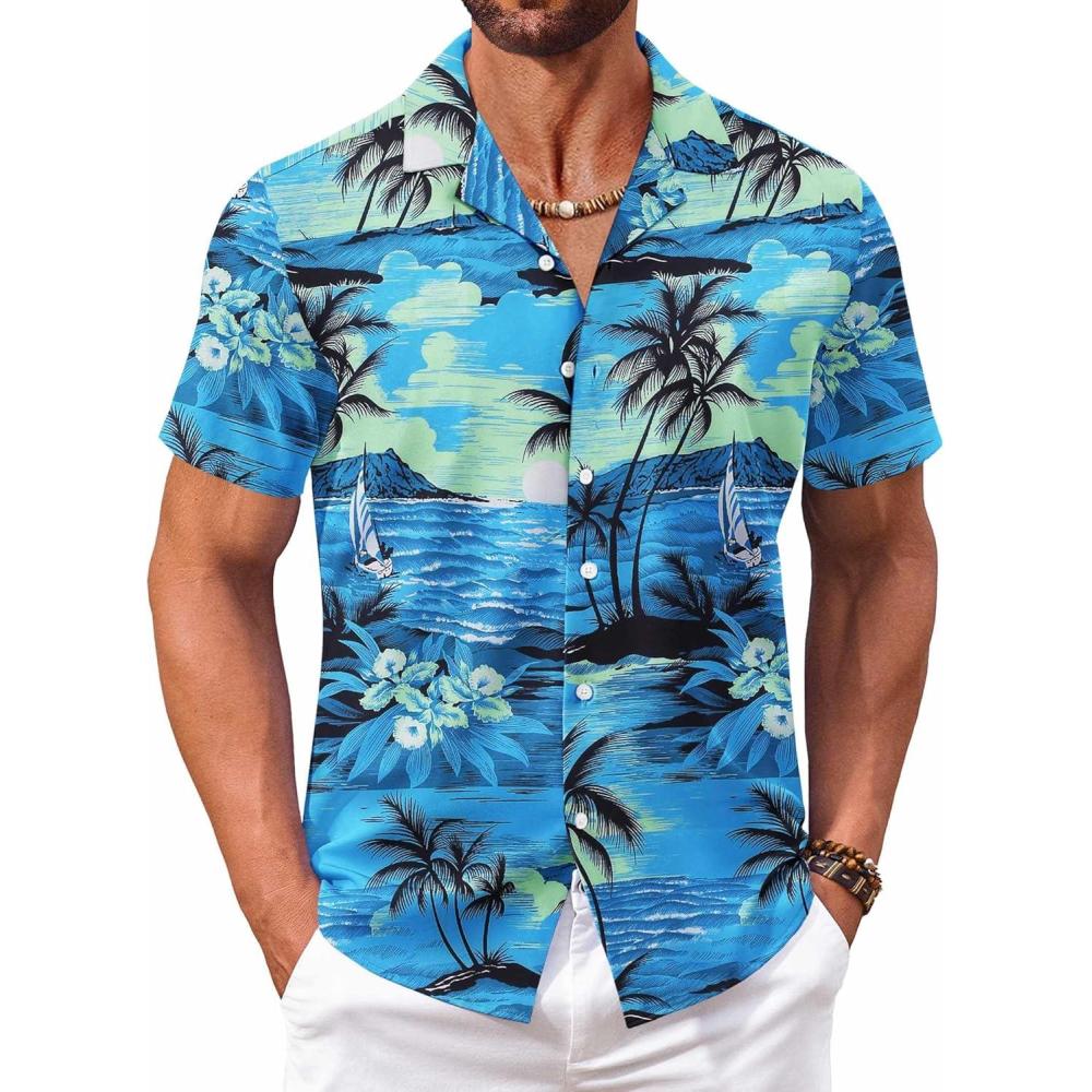 imageCOOFANDY Mens Hawaiian Floral Shirts Short Sleeve Button Down Shirts Tropical Summer Beach ShirtsIsland Sceneryblue
