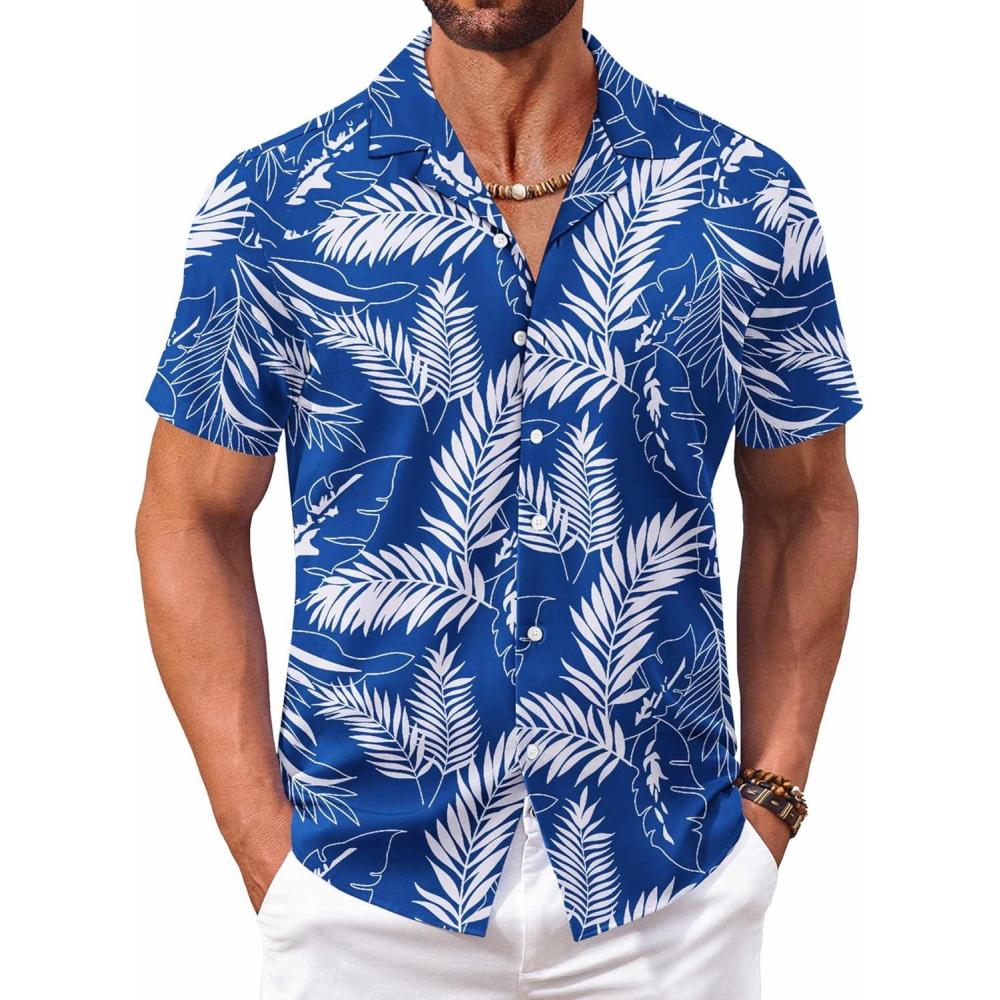 imageCOOFANDY Mens Hawaiian Floral Shirts Short Sleeve Button Down Shirts Tropical Summer Beach ShirtsPalm Leafblue
