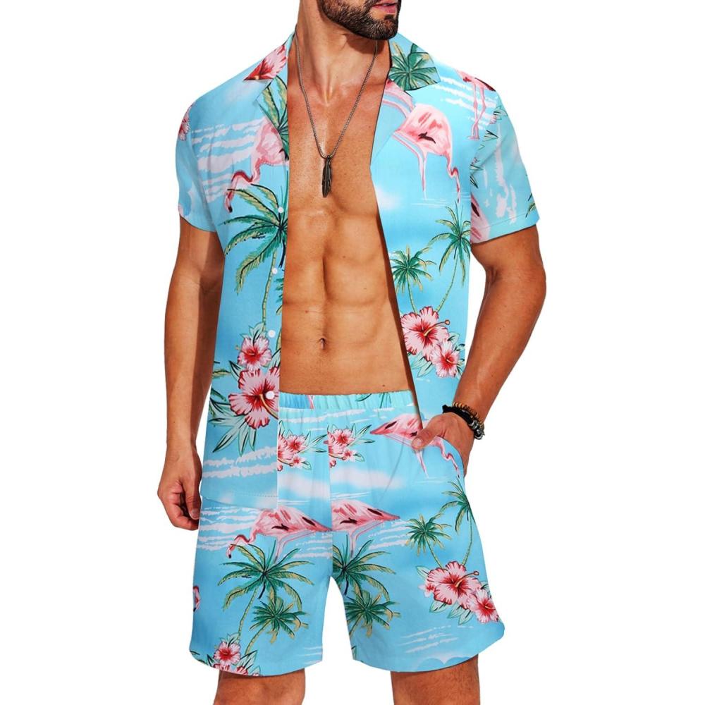 imageCOOFANDY Mens Hawaiian Matching Shirt and Shorts Set Summer Beach 2 Piece Outfits Short Sleeve Cuban Shirts and ShortsFlamingo