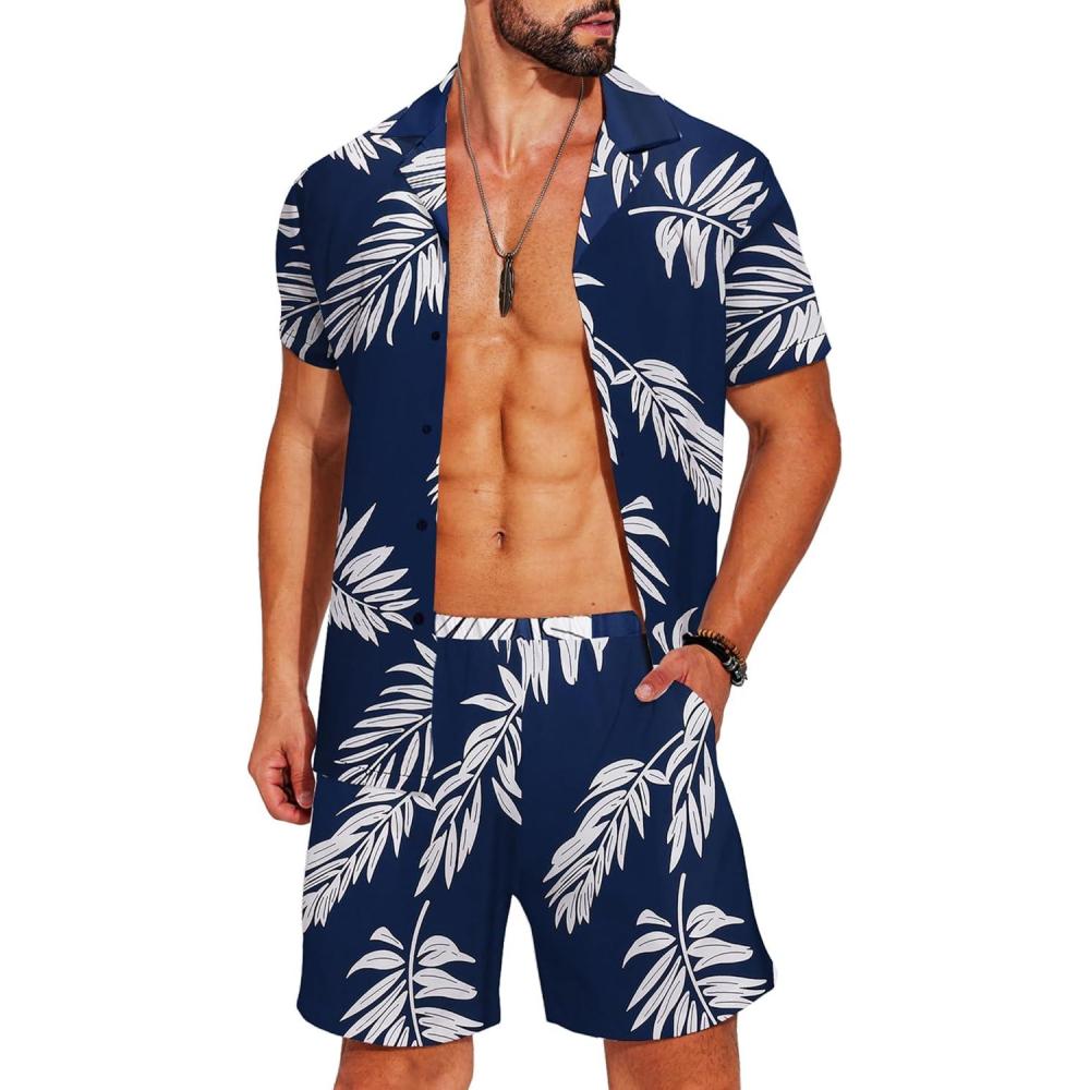 imageCOOFANDY Mens Hawaiian Matching Shirt and Shorts Set Summer Beach 2 Piece Outfits Short Sleeve Cuban Shirts and ShortsPlantstwilight Blue