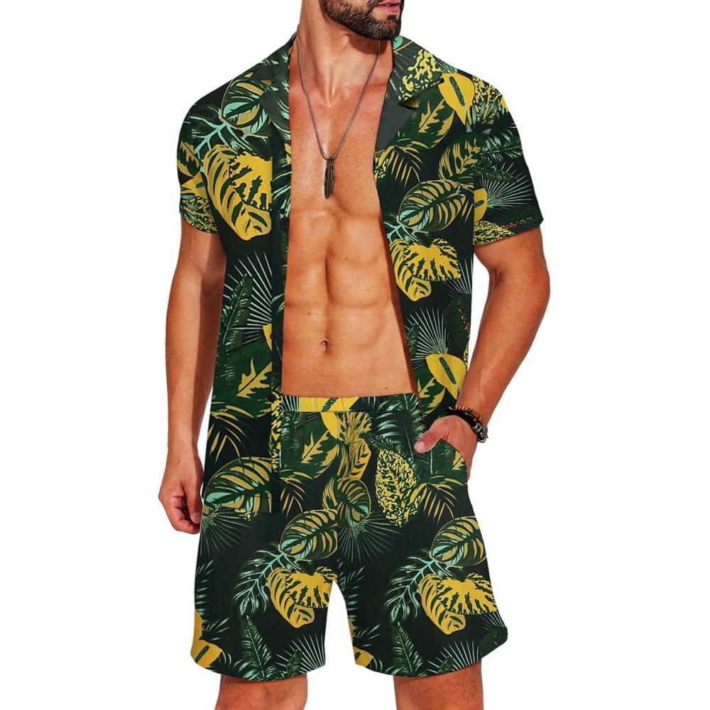 imageCOOFANDY Mens Hawaiian Matching Shirt and Shorts Set Summer Beach 2 Piece Outfits Short Sleeve Cuban Shirts and ShortsRainforestyellow