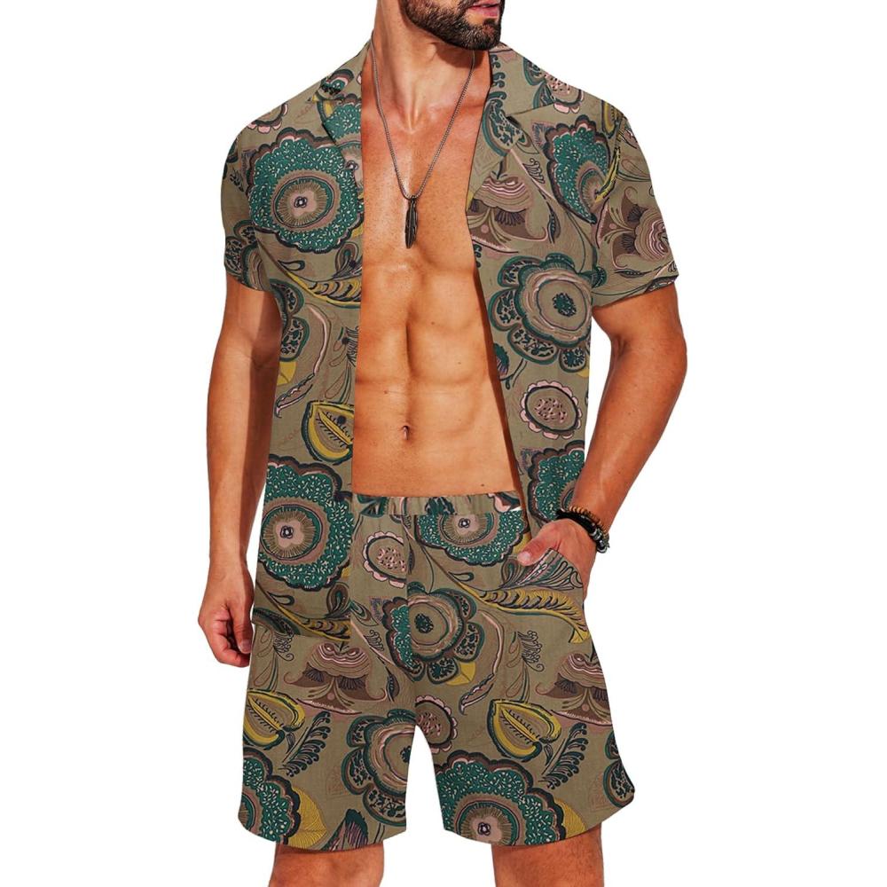 imageCOOFANDY Mens Hawaiian Matching Shirt and Shorts Set Summer Beach 2 Piece Outfits Short Sleeve Cuban Shirts and ShortsRetro Brown