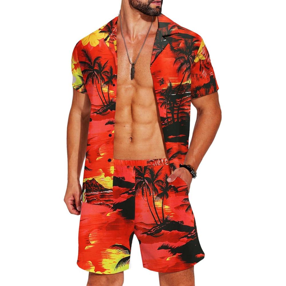 imageCOOFANDY Mens Hawaiian Matching Shirt and Shorts Set Summer Beach 2 Piece Outfits Short Sleeve Cuban Shirts and ShortsSunset
