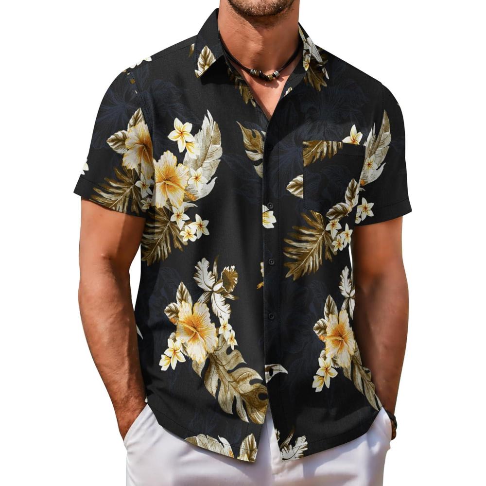 imageCOOFANDY Mens Hawaiian Shirt Short Sleeve Button Down Shirt Tropical Summer Beach ShirtFlowerblack