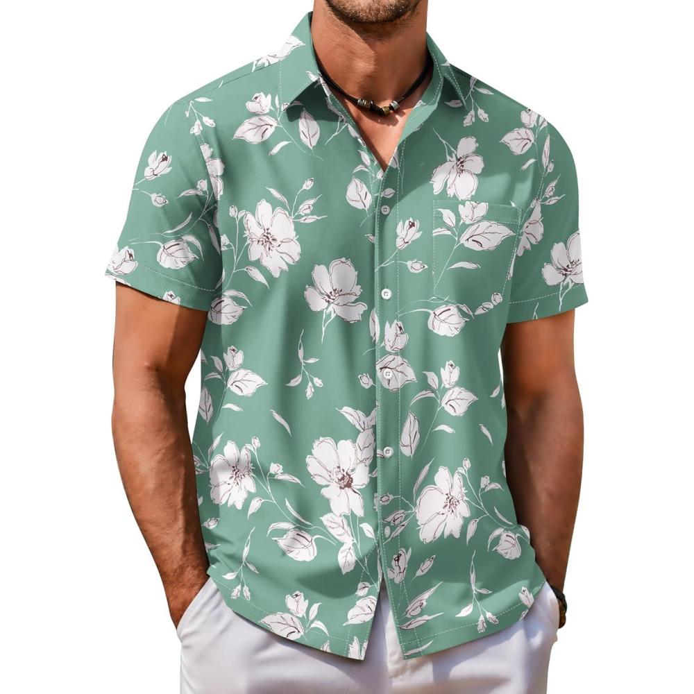 imageCOOFANDY Mens Hawaiian Shirt Short Sleeve Button Down Shirt Tropical Summer Beach ShirtFlowergreen