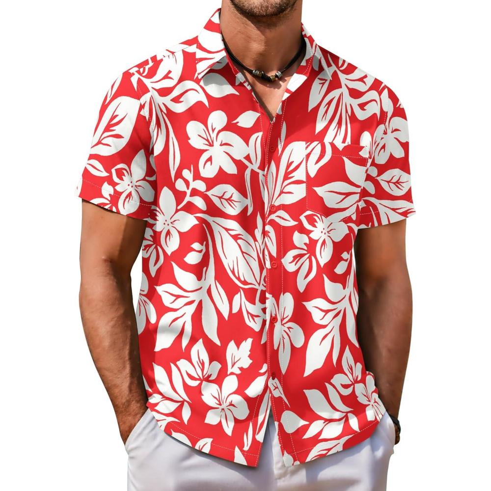 imageCOOFANDY Mens Hawaiian Shirt Short Sleeve Button Down Shirt Tropical Summer Beach ShirtFlowerleaf Red