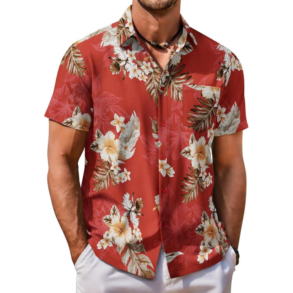 imageCOOFANDY Mens Hawaiian Shirt Short Sleeve Button Down Shirt Tropical Summer Beach ShirtFlowerred
