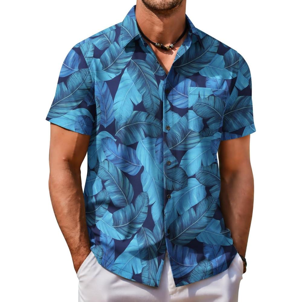 imageCOOFANDY Mens Hawaiian Shirt Short Sleeve Button Down Shirt Tropical Summer Beach ShirtLeafbright Blue