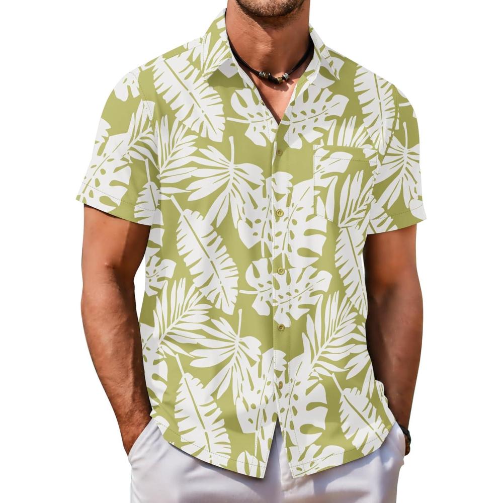 imageCOOFANDY Mens Hawaiian Shirt Short Sleeve Button Down Shirt Tropical Summer Beach ShirtLeafgreen