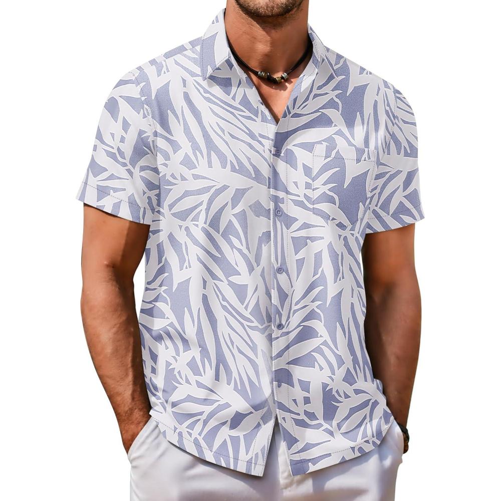 imageCOOFANDY Mens Hawaiian Shirt Short Sleeve Button Down Shirt Tropical Summer Beach ShirtLeaflight Purple