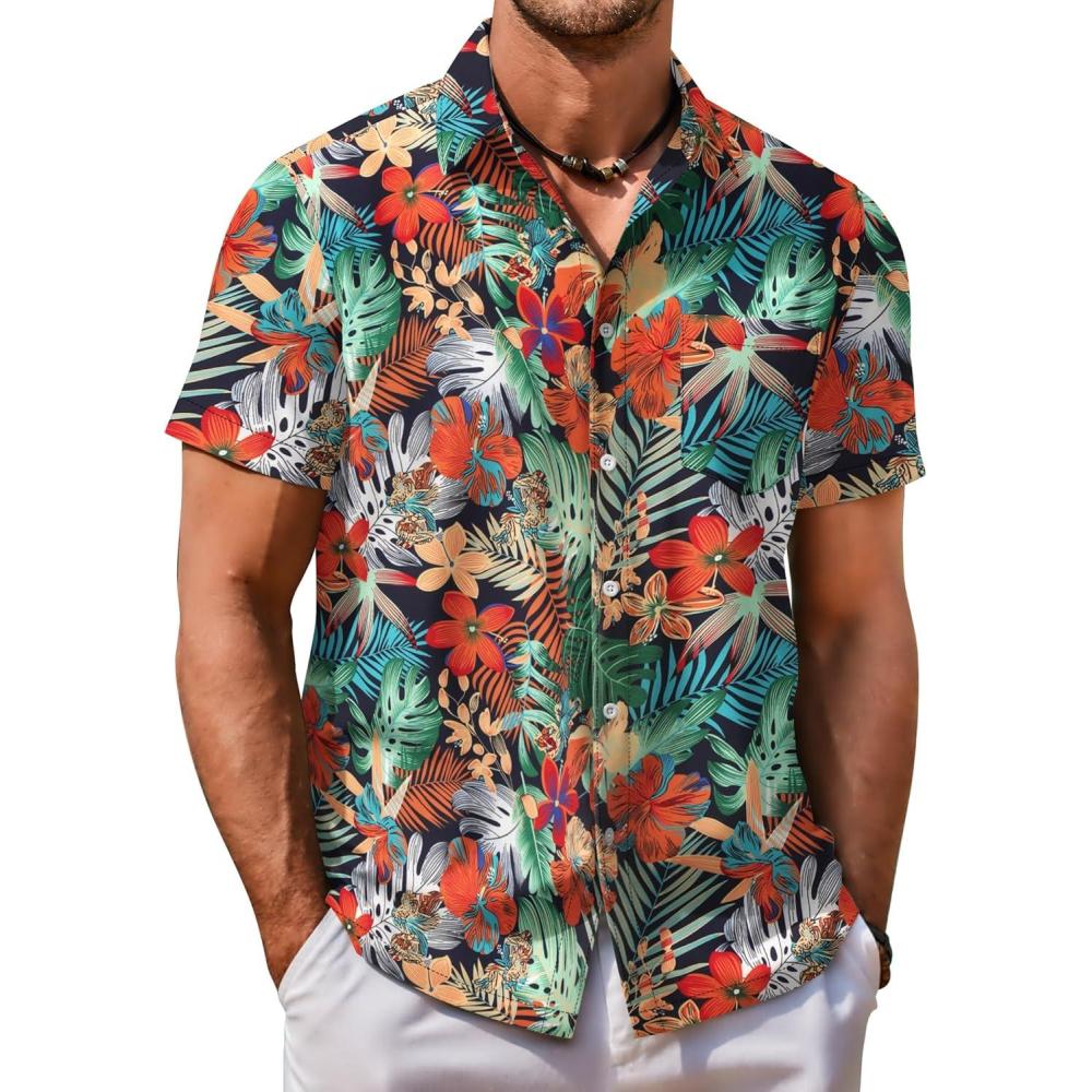 imageCOOFANDY Mens Hawaiian Shirt Short Sleeve Button Down Shirt Tropical Summer Beach ShirtMonsteraorange