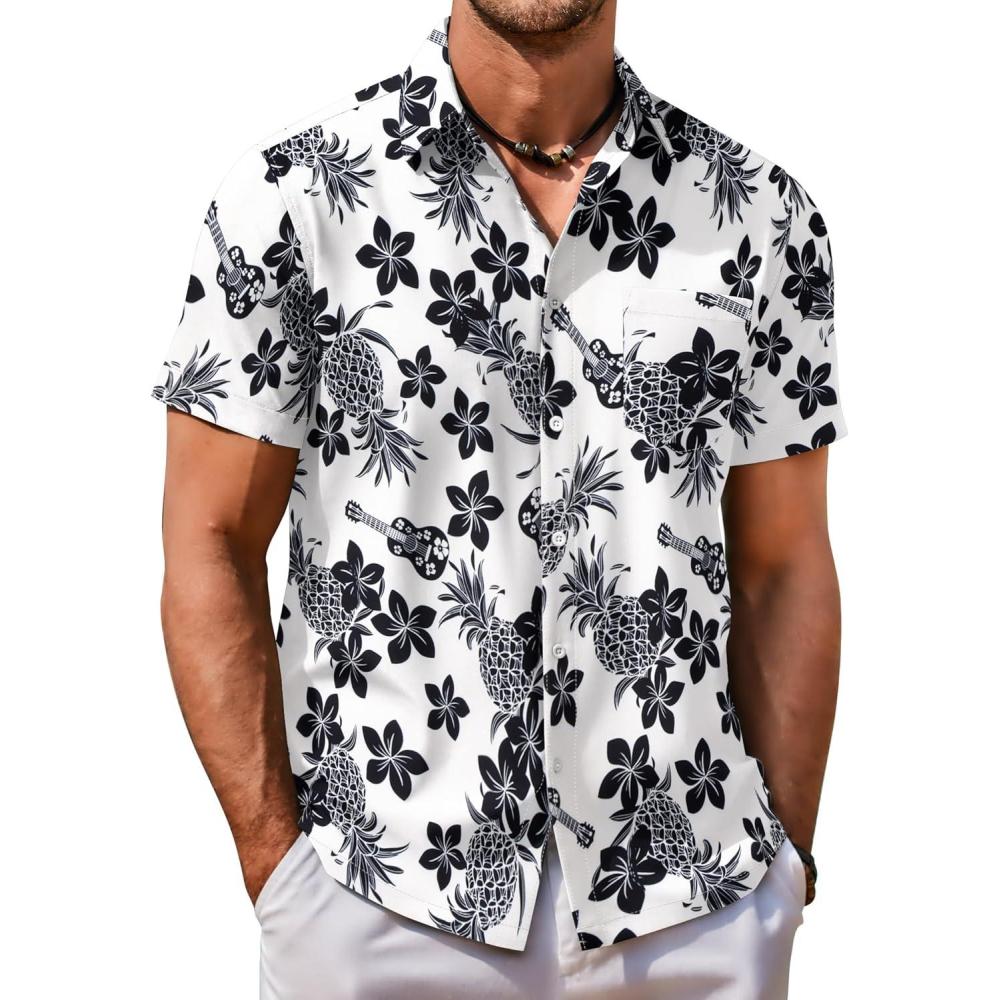 imageCOOFANDY Mens Hawaiian Shirt Short Sleeve Button Down Shirt Tropical Summer Beach ShirtUkulelewhite