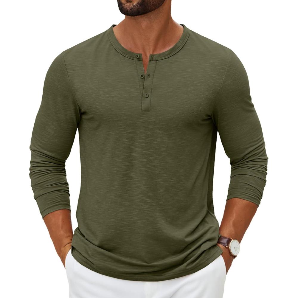 imageCOOFANDY Mens Henley Shirts Long Sleeve Casual Pullover TShirt Fashion Basic Button ShirtsArmy Green