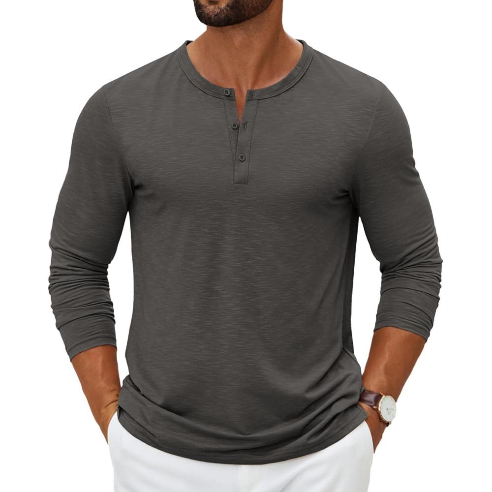 imageCOOFANDY Mens Henley Shirts Long Sleeve Casual Pullover TShirt Fashion Basic Button ShirtsDark Grey