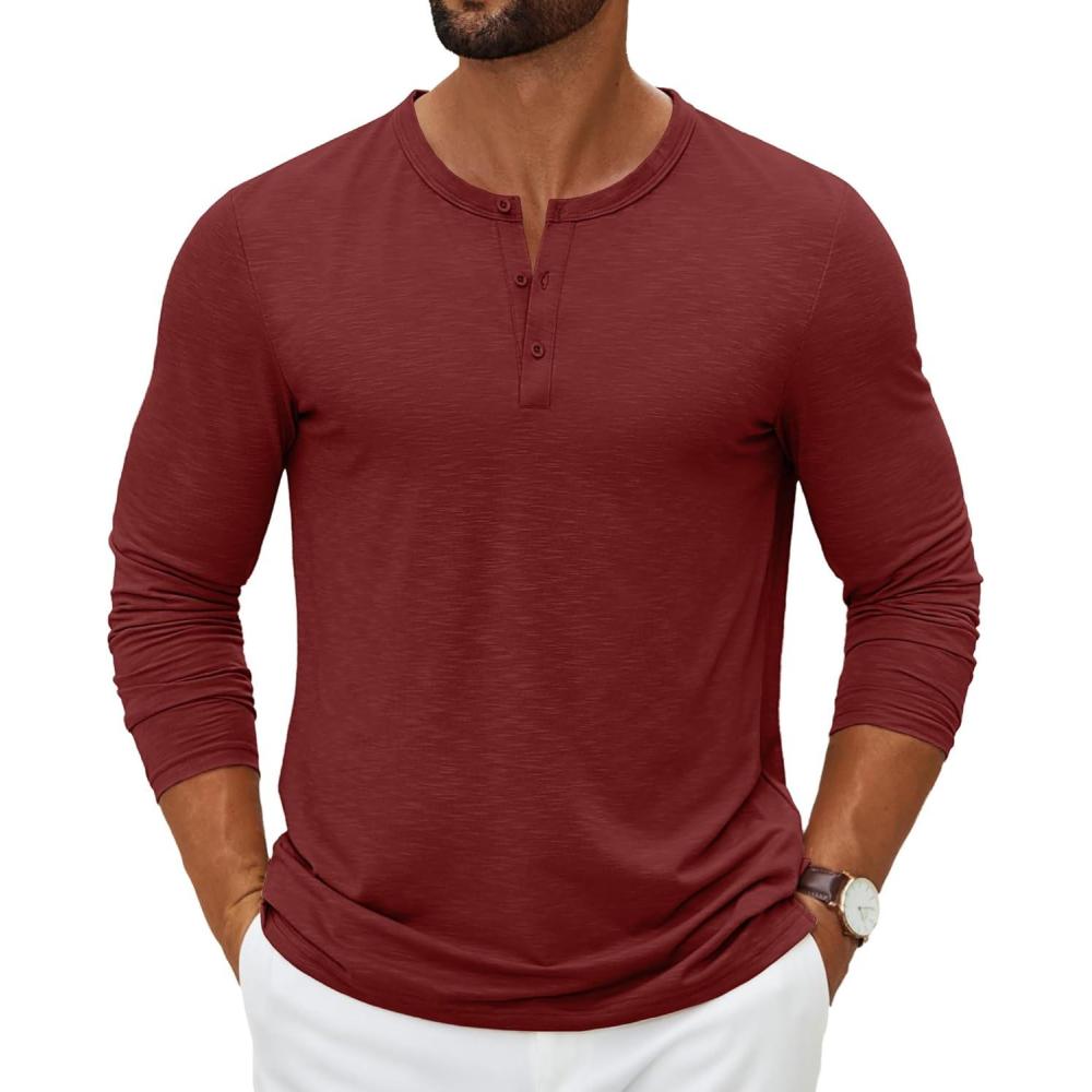 imageCOOFANDY Mens Henley Shirts Long Sleeve Casual Pullover TShirt Fashion Basic Button ShirtsWine Red