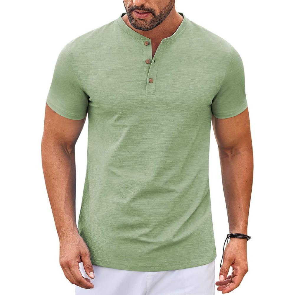 imageCOOFANDY Mens Henley Shirts Short Sleeve Casual Button Down Shirts Lightweight Summer Basic TeeGreen