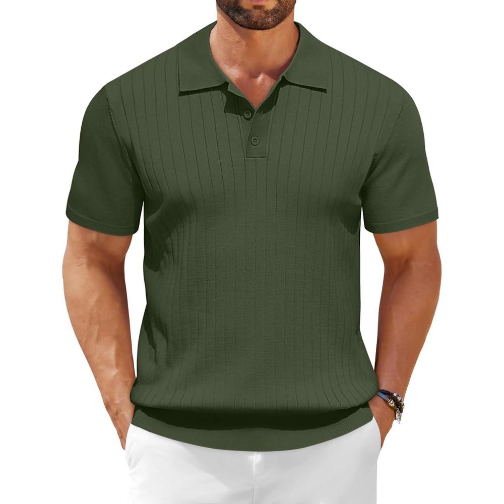 imageCOOFANDY Mens Knit Polo Shirts Short Sleeve Ribbed Knitted Shirt Summer Lightweight Casual Golf ShirtsArmy Green