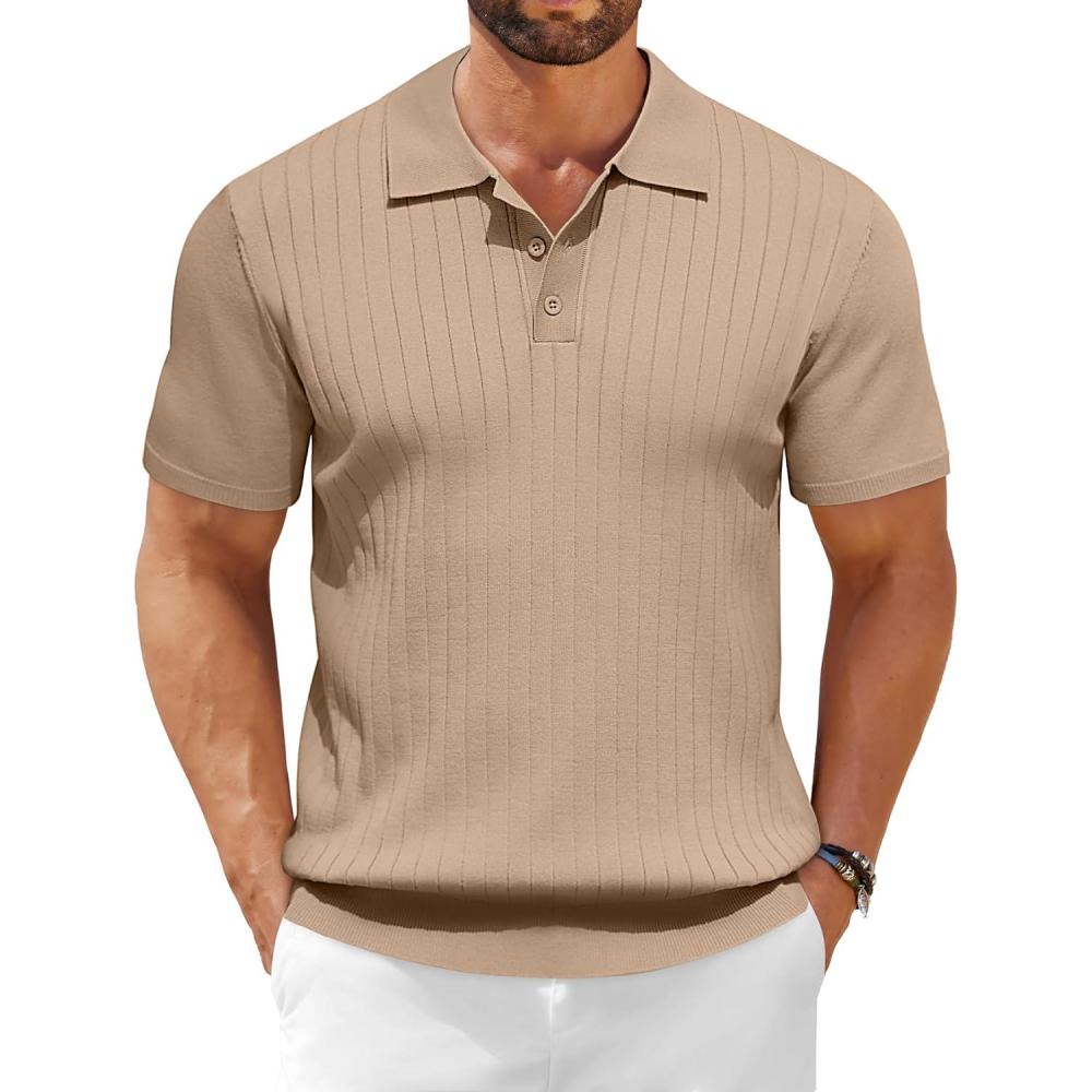 imageCOOFANDY Mens Knit Polo Shirts Short Sleeve Ribbed Knitted Shirt Summer Lightweight Casual Golf ShirtsKhaki