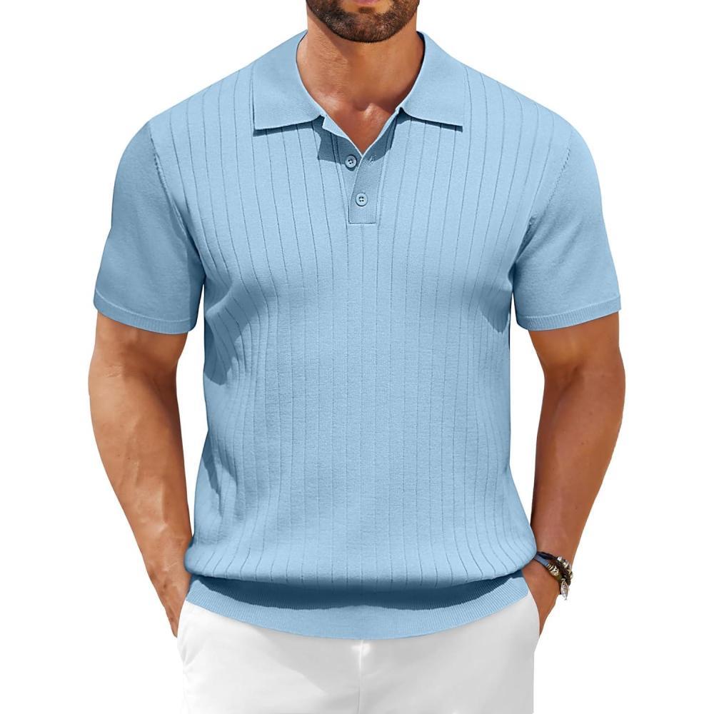 imageCOOFANDY Mens Knit Polo Shirts Short Sleeve Ribbed Knitted Shirt Summer Lightweight Casual Golf ShirtsLight Blue