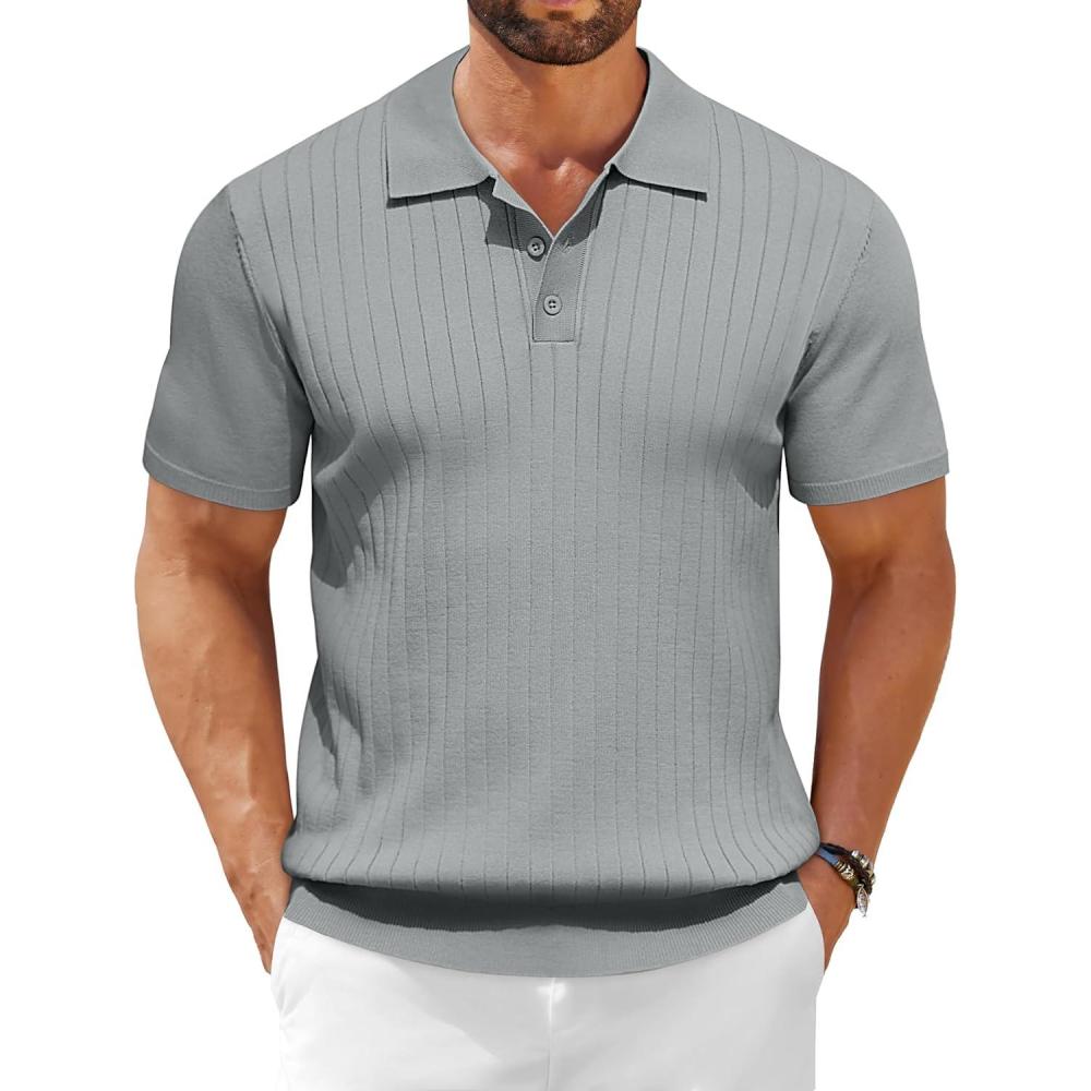 imageCOOFANDY Mens Knit Polo Shirts Short Sleeve Ribbed Knitted Shirt Summer Lightweight Casual Golf ShirtsLight Grey