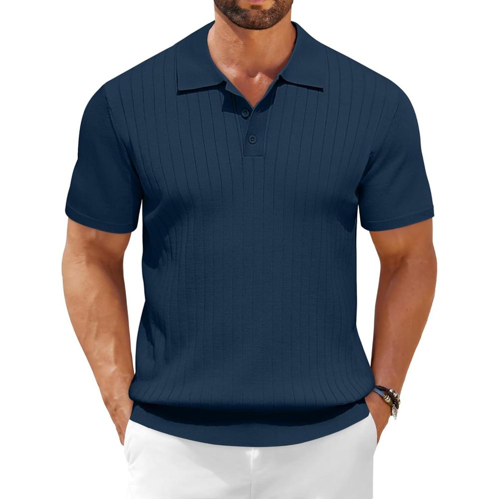 imageCOOFANDY Mens Knit Polo Shirts Short Sleeve Ribbed Knitted Shirt Summer Lightweight Casual Golf ShirtsNavy Blue