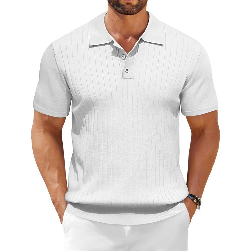 imageCOOFANDY Mens Knit Polo Shirts Short Sleeve Ribbed Knitted Shirt Summer Lightweight Casual Golf ShirtsWhite