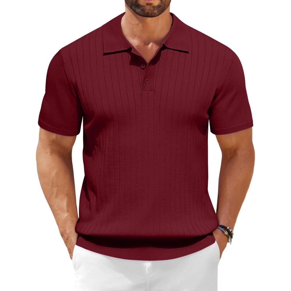 imageCOOFANDY Mens Knit Polo Shirts Short Sleeve Ribbed Knitted Shirt Summer Lightweight Casual Golf ShirtsWine Red