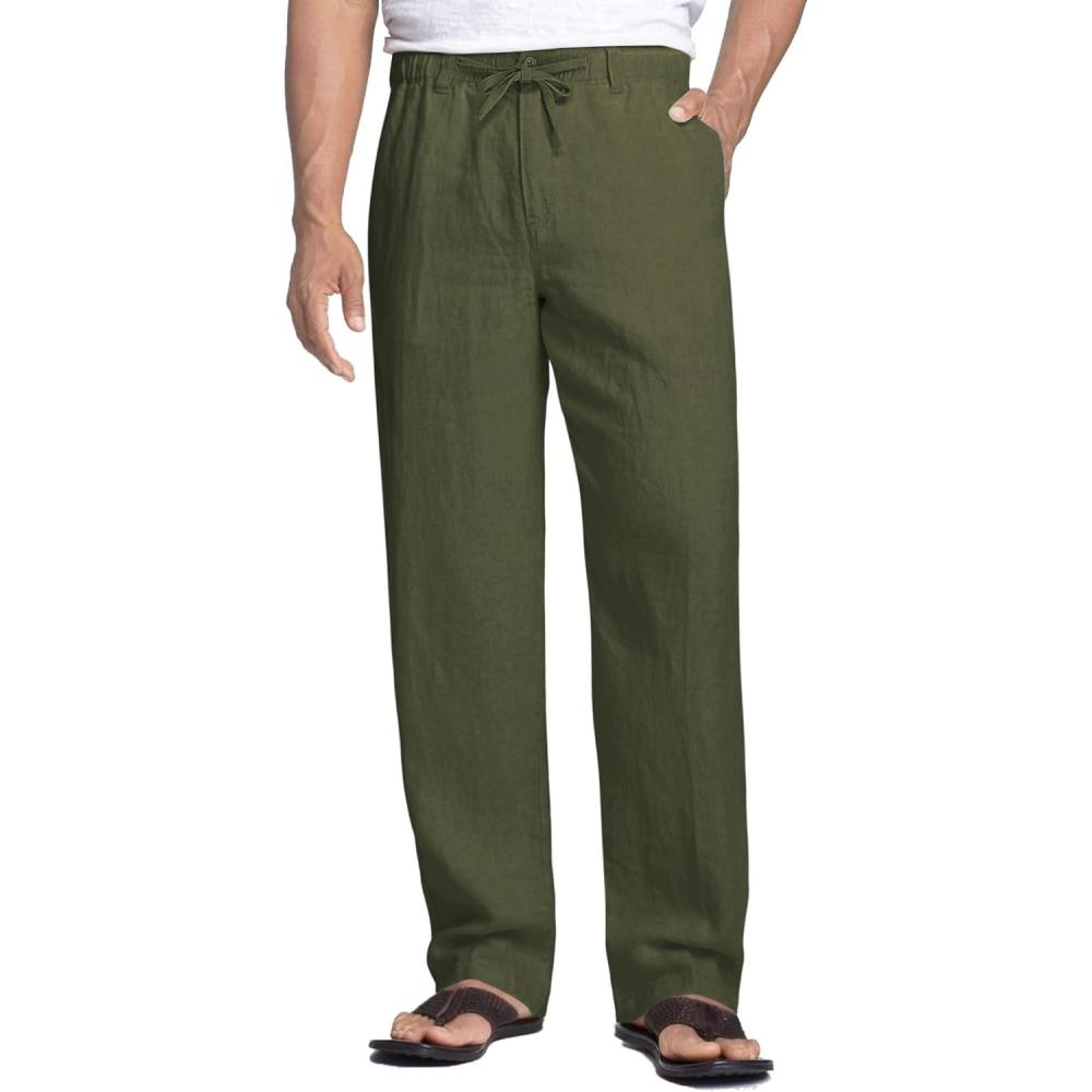 imageCOOFANDY Mens Linen Pants Casual Beach Summer Pant Elastic Waist Drawstring Lightweight TrousersArmy Green