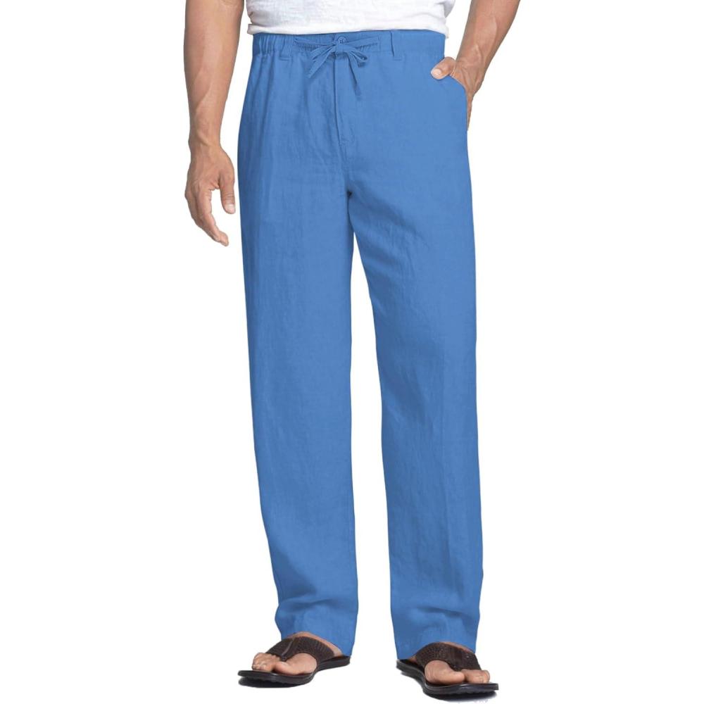 imageCOOFANDY Mens Linen Pants Casual Beach Summer Pant Elastic Waist Drawstring Lightweight TrousersRoyal Blue