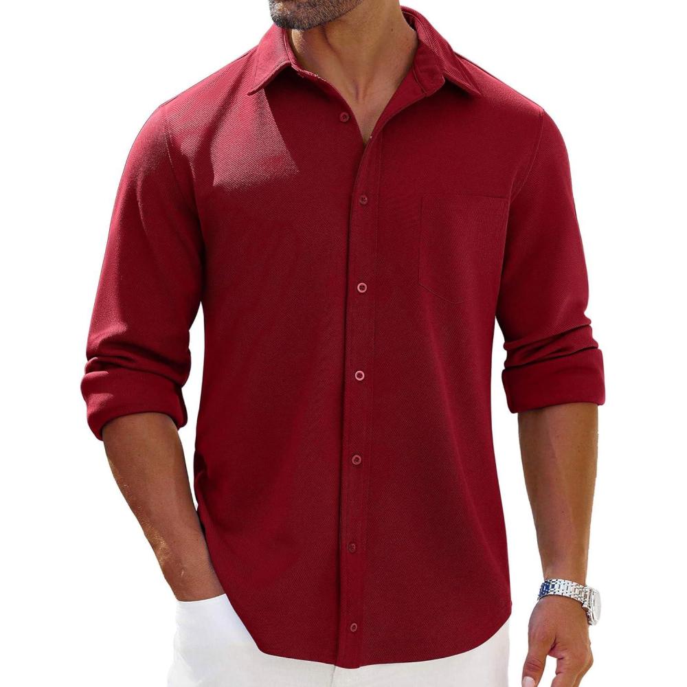 imageCOOFANDY Mens Long Sleeve Button Down Shirts Wrinkle Free Shacket Jacket Stretch Casual OvershirtDeep Red