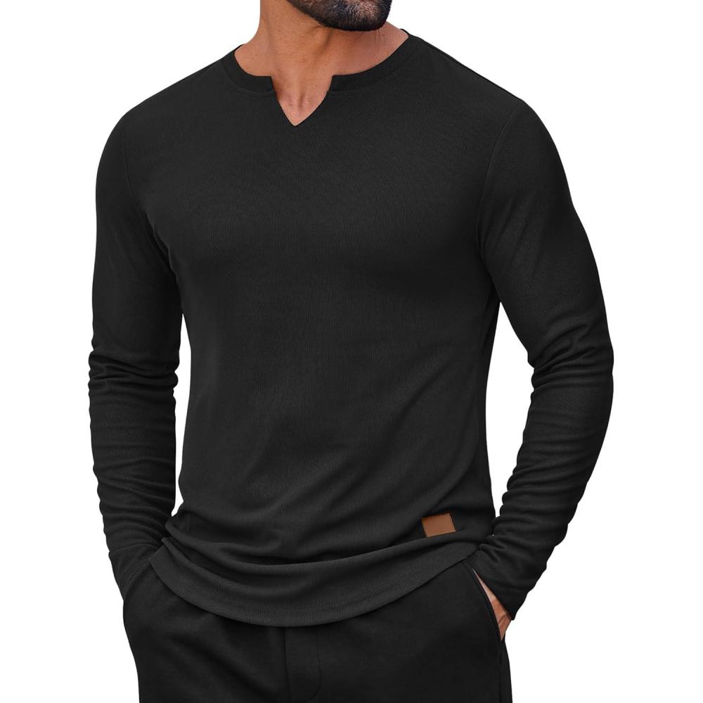 imageCOOFANDY Mens Long Sleeve Muscle T Shirts Casual VNeck Slim Fit Longline Ribbed Shirts Stretch Tee ShirtsAll Black
