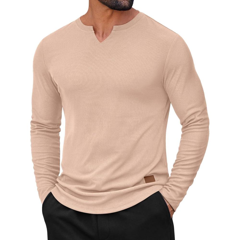 imageCOOFANDY Mens Long Sleeve Muscle T Shirts Casual VNeck Slim Fit Longline Ribbed Shirts Stretch Tee ShirtsBeige