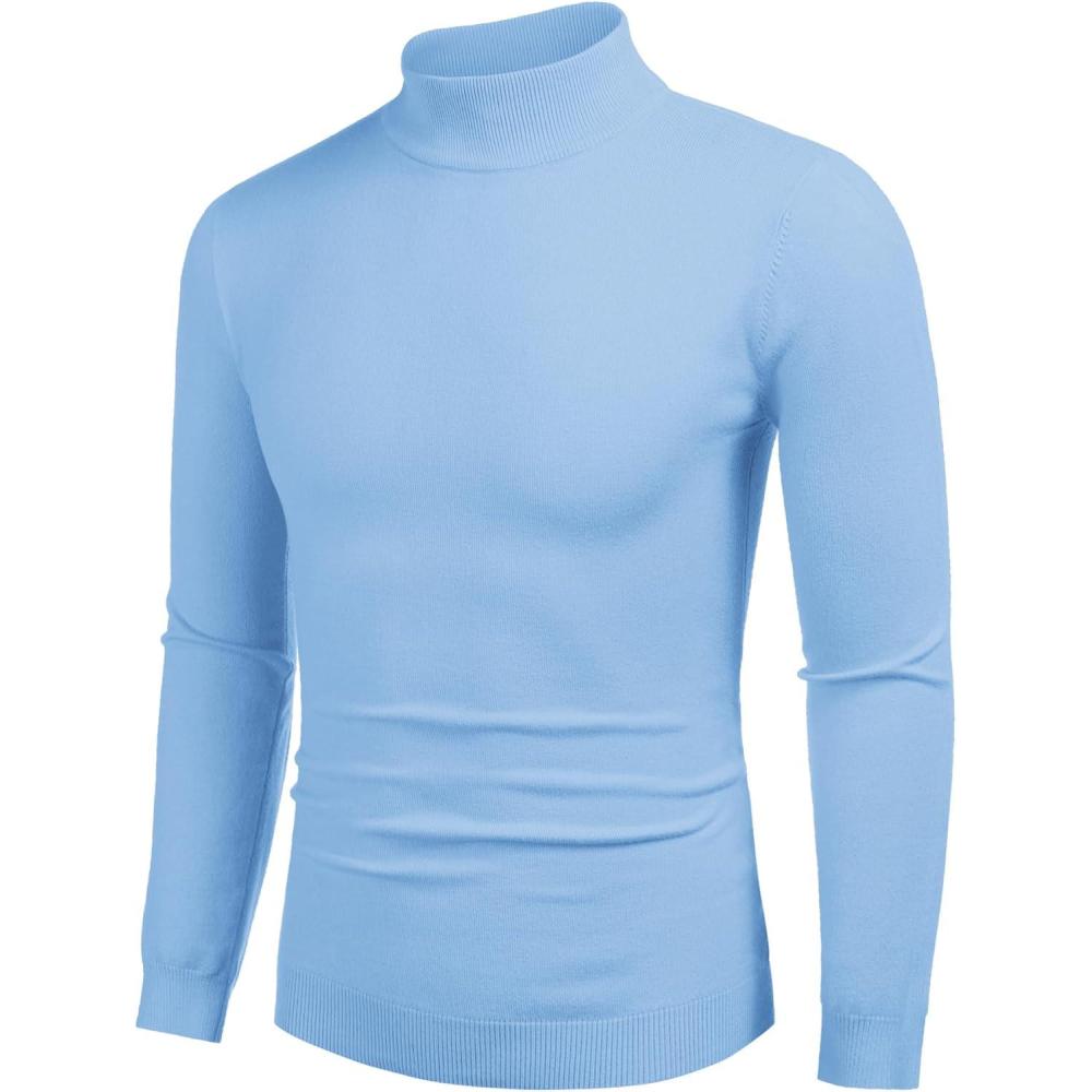 imageCOOFANDY Mens Mock Turtleneck Slim Fit Pullover Sweater Casual Basic Knitted Thermal SweatersLight Blue
