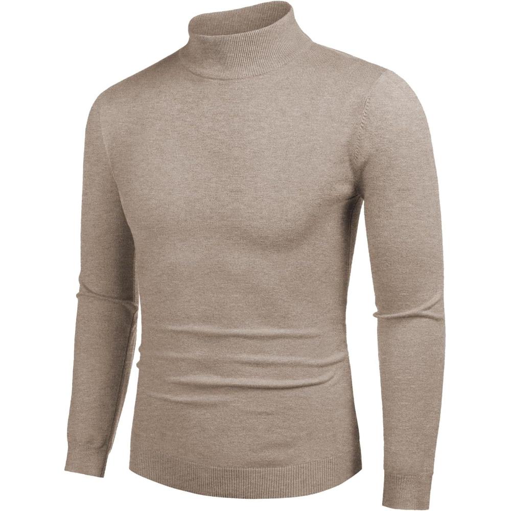 imageCOOFANDY Mens Mock Turtleneck Slim Fit Pullover Sweater Casual Basic Knitted Thermal SweatersLight Khaki