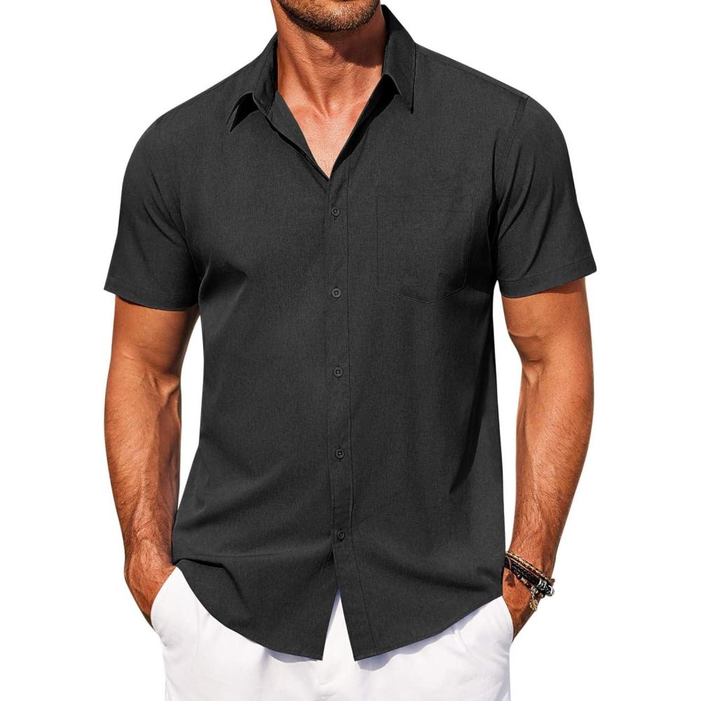 imageCOOFANDY Mens Short Sleeve Button Down Shirt Casual Summer Beach Shirts Vacation Wedding Shirt with PocketBlack