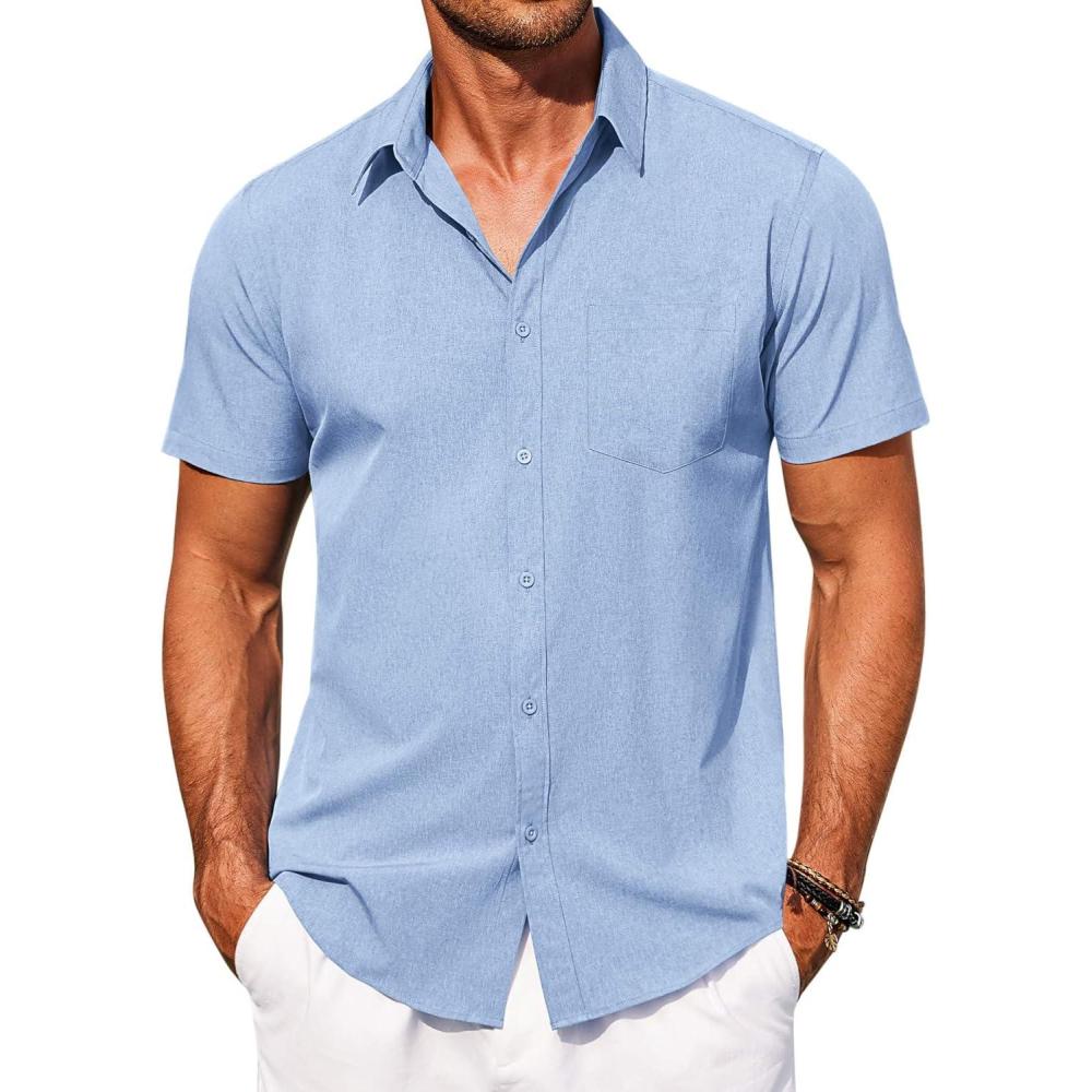 imageCOOFANDY Mens Short Sleeve Button Down Shirt Casual Summer Beach Shirts Vacation Wedding Shirt with PocketBlue