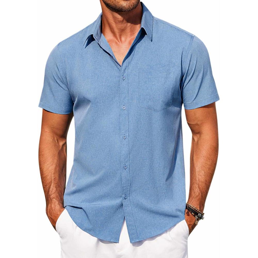 imageCOOFANDY Mens Short Sleeve Button Down Shirt Casual Summer Beach Shirts Vacation Wedding Shirt with PocketCeramic Blue