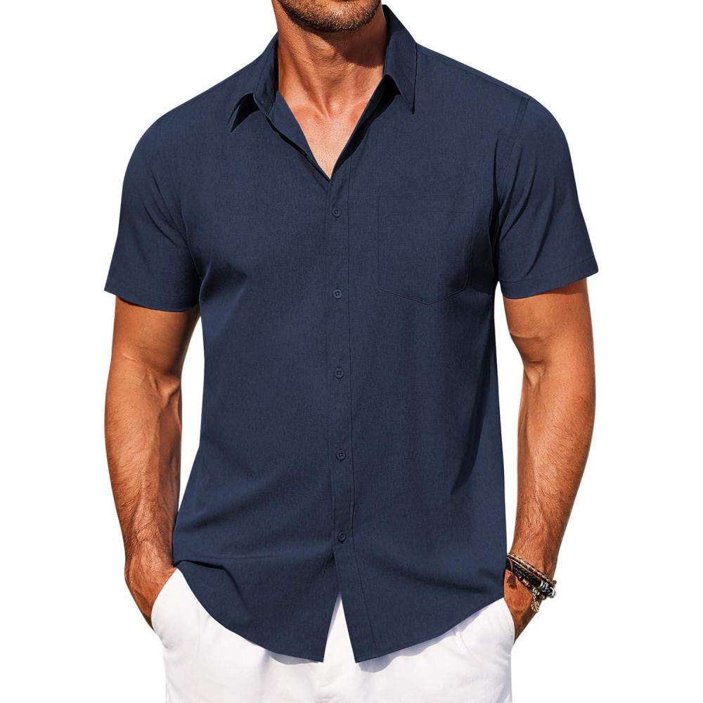 imageCOOFANDY Mens Short Sleeve Button Down Shirt Casual Summer Beach Shirts Vacation Wedding Shirt with PocketIndigo