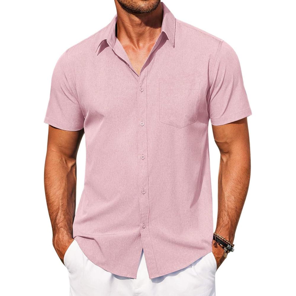 imageCOOFANDY Mens Short Sleeve Button Down Shirt Casual Summer Beach Shirts Vacation Wedding Shirt with PocketLotus Pink