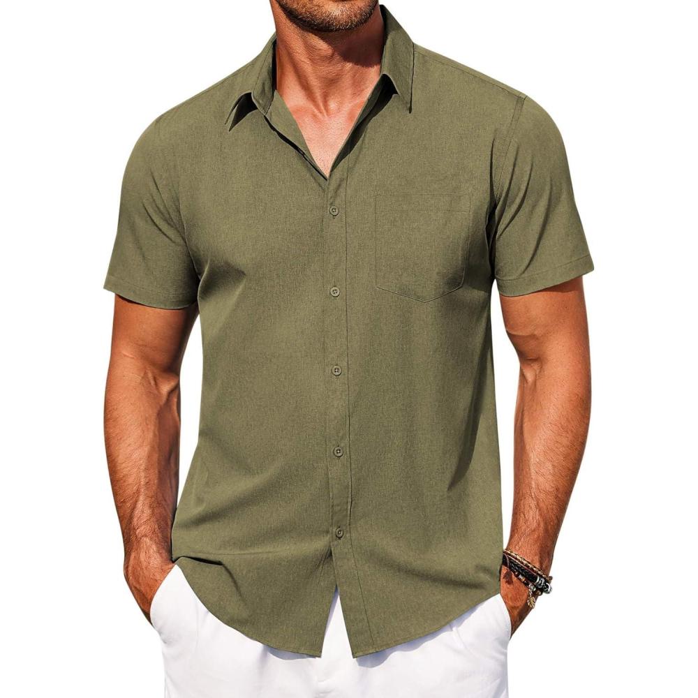 imageCOOFANDY Mens Short Sleeve Button Down Shirt Casual Summer Beach Shirts Vacation Wedding Shirt with PocketOlive Drab