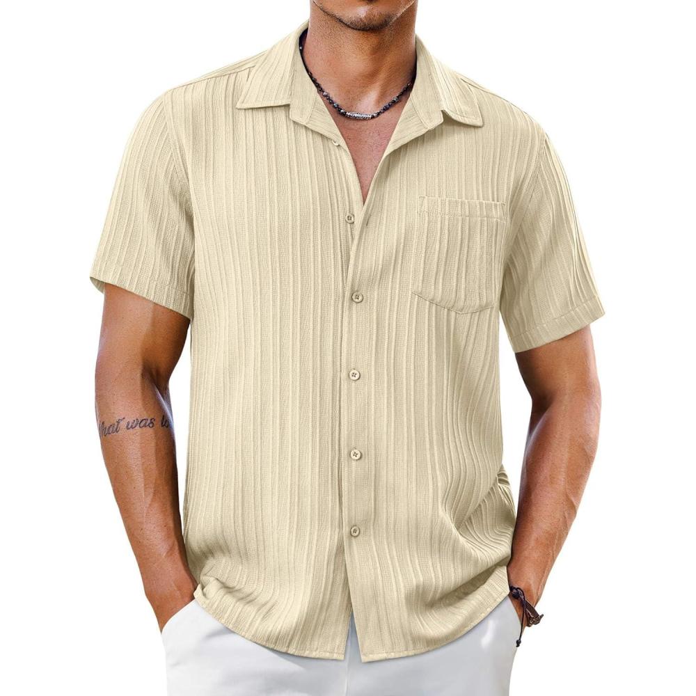 imageCOOFANDY Mens Short Sleeve Casual Button Down Shirts Textured Summer Beach Shirt with PocketBeige