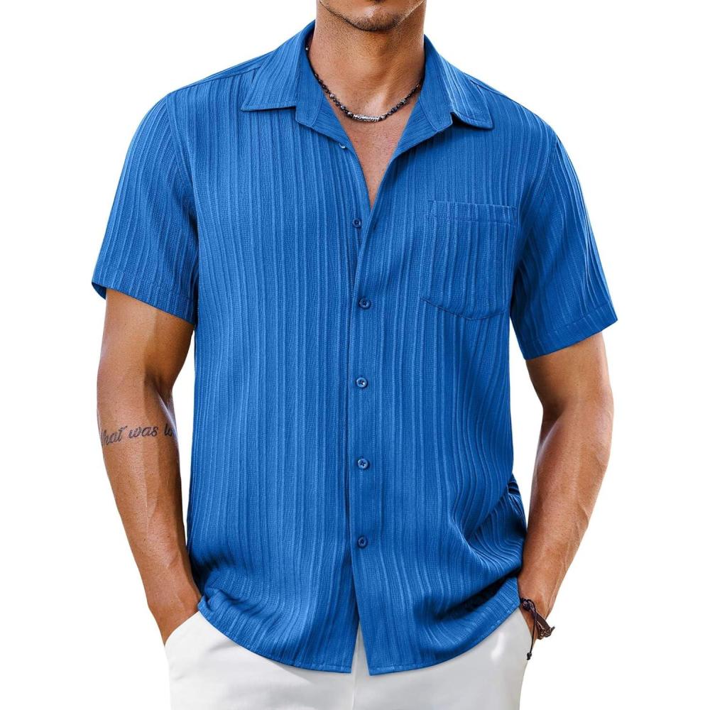 imageCOOFANDY Mens Short Sleeve Casual Button Down Shirts Textured Summer Beach Shirt with PocketBlue