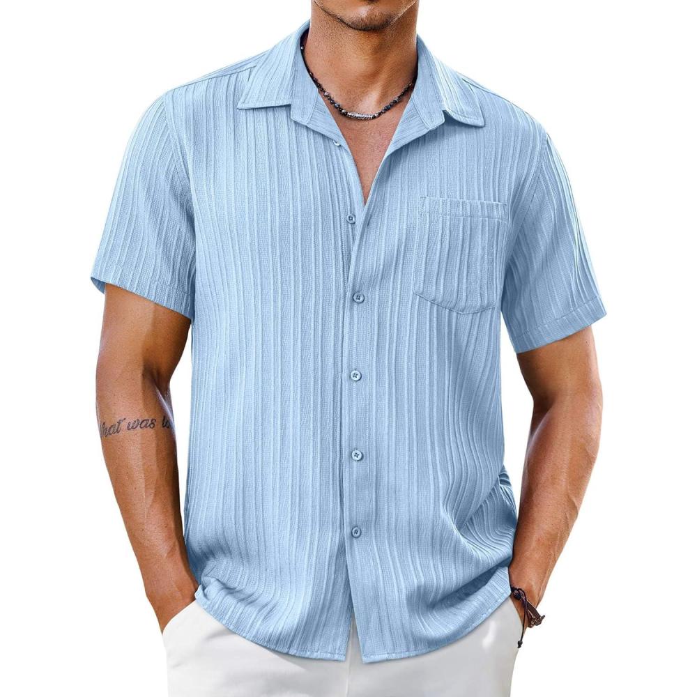 imageCOOFANDY Mens Short Sleeve Casual Button Down Shirts Textured Summer Beach Shirt with PocketClear Blue