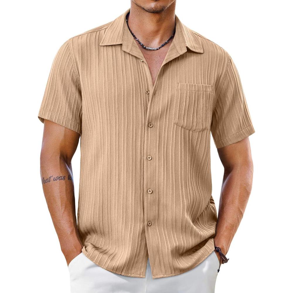 imageCOOFANDY Mens Short Sleeve Casual Button Down Shirts Textured Summer Beach Shirt with PocketKhaki