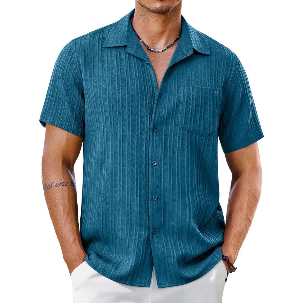 imageCOOFANDY Mens Short Sleeve Casual Button Down Shirts Textured Summer Beach Shirt with PocketLake Blue