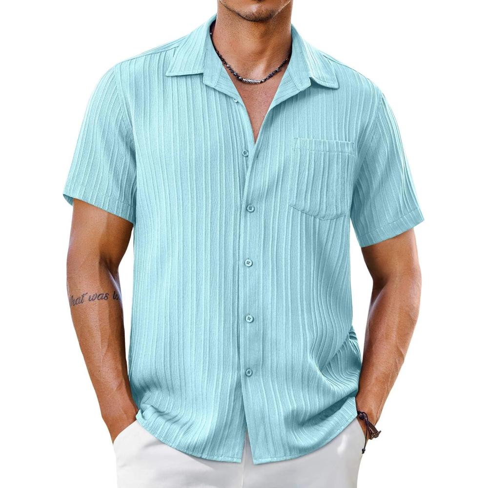 imageCOOFANDY Mens Short Sleeve Casual Button Down Shirts Textured Summer Beach Shirt with PocketLight Blue